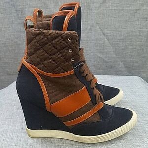 Chloe Kasia wedge sneaker - blue suede / tan leather brown quilted women's sz 38